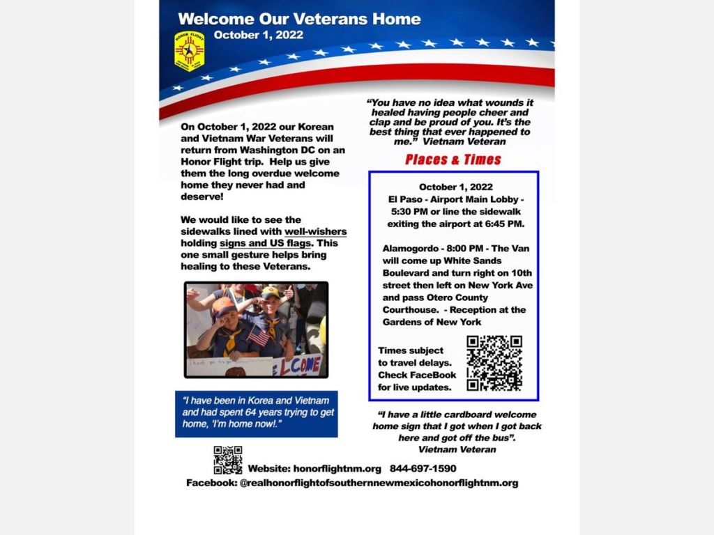 AlamogordoTownNews.com Welcome Home Honor Flight & Reception Saturday Oct 1, 2022, 8 pm New York&nbsp;Avenue